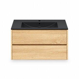 Fabriecio Liverpool badkamermeubel 90 cm natural oak met mat zwarte wastafel en kraangat