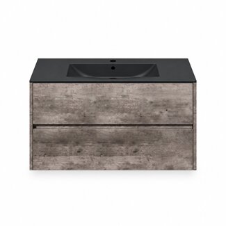 Fabriecio Liverpool badkamermeubel 90 cm steen met mat zwarte wastafel en kraangat