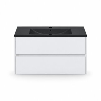 Fabriecio Liverpool badkamermeubel 90 cm hoogglans wit met mat zwarte wastafel en kraangat