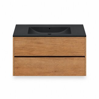 Fabriecio Liverpool badkamermeubel 90 cm eiken met mat zwarte wastafel zonder kraangat