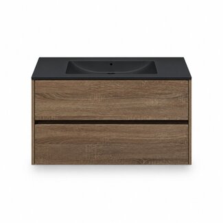 Fabriecio Liverpool badkamermeubel 90 cm hout met mat zwarte wastafel zonder kraangat