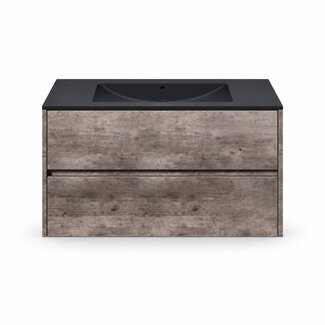 Fabriecio Liverpool badkamermeubel 90 cm steen met mat zwarte wastafel zonder kraangat