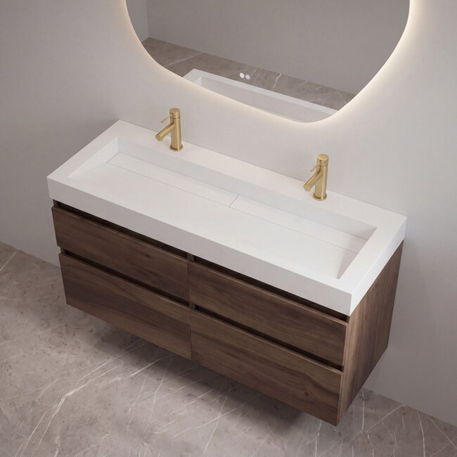 Best Design Borvani badkamermeubel 140 cm espresso brown met dubbele glanswitte wastafel