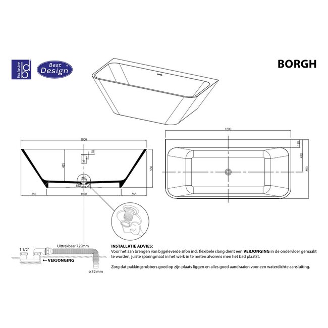 Best Design Halfvrijstaand bad Borgh 180 x 85 cm zwart