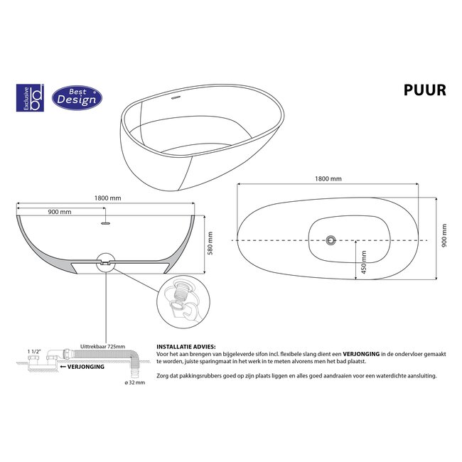 Best Design Vrijstaand bad Puur 180 x 90 cm mat wit