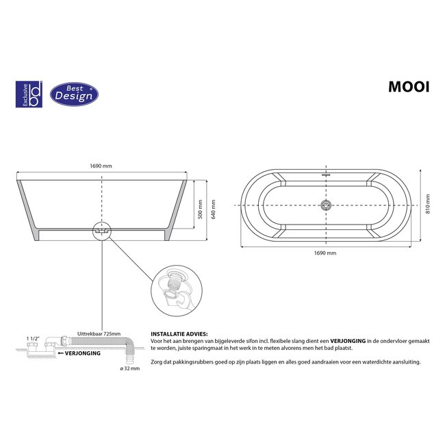Best Design Vrijstaand bad Mooi 169 x 81 cm mat wit
