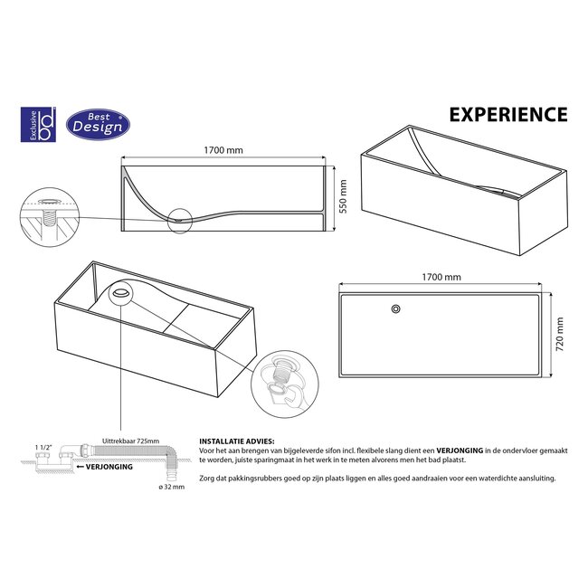 Best Design Vrijstaand bad Experience 170 x 72 cm mat wit
