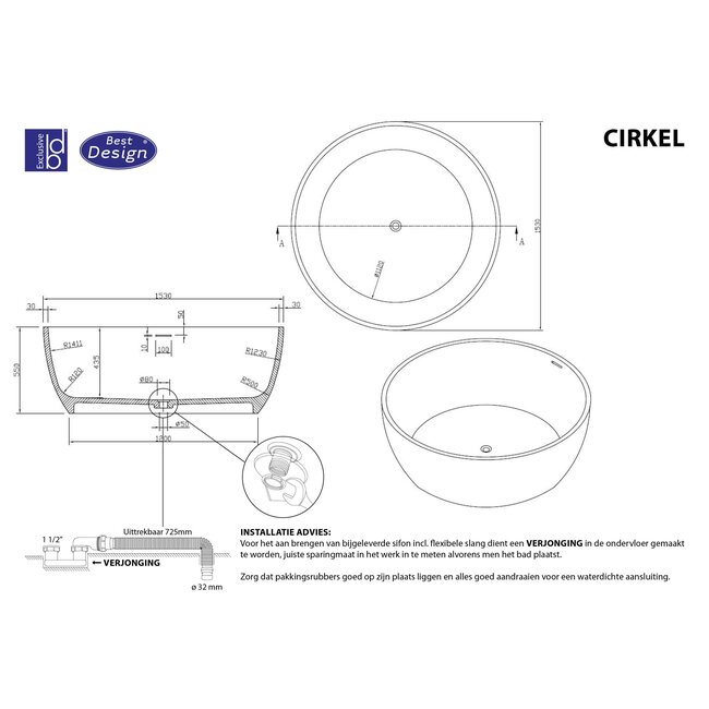 Best Design Rond vrijstaand bad Cirkel Ø 153 cm mat wit