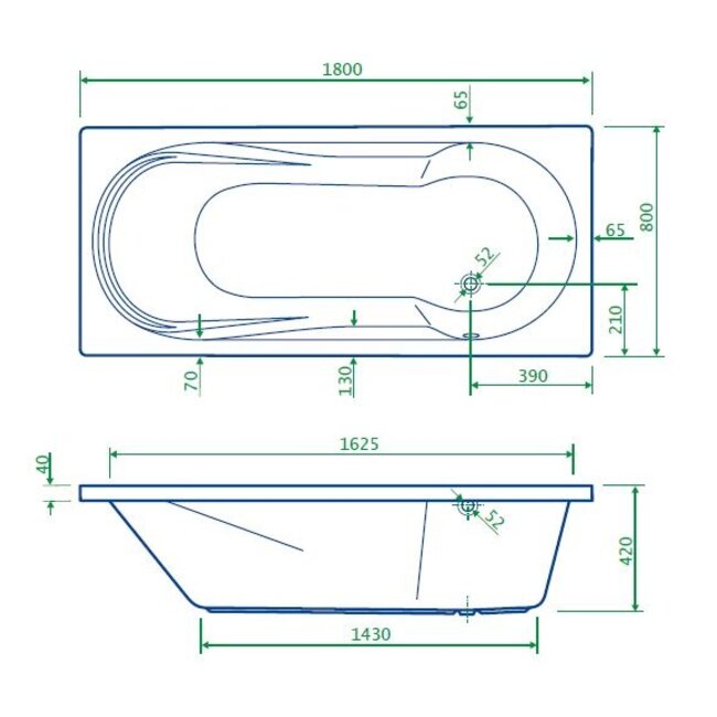 Best Design Inbouwbad Bob met douchegedeelte 180 x 80 cm glans wit