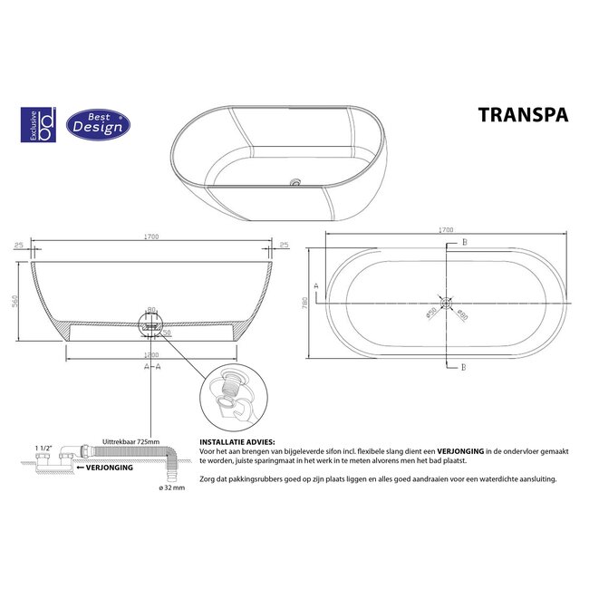 Best Design Vrijstaand bad Transpa 170 x 78 cm transparant blauw