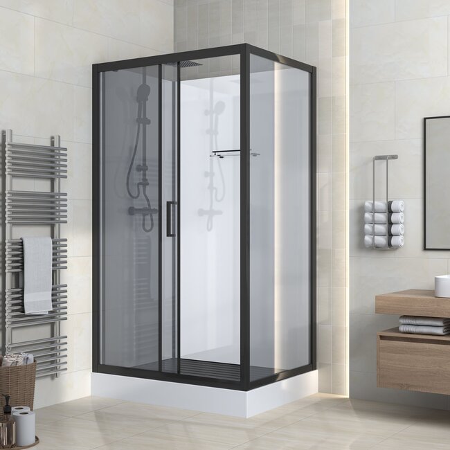 Complete douchecabine Marani 110 x 80 x 225 cm met schuifdeur, grijs rookglas met mat zwart profiel