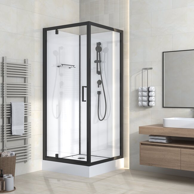 Complete douchecabine Rimo 90 x 90 x 215 cm met draaideur, helder glas met mat zwart profiel