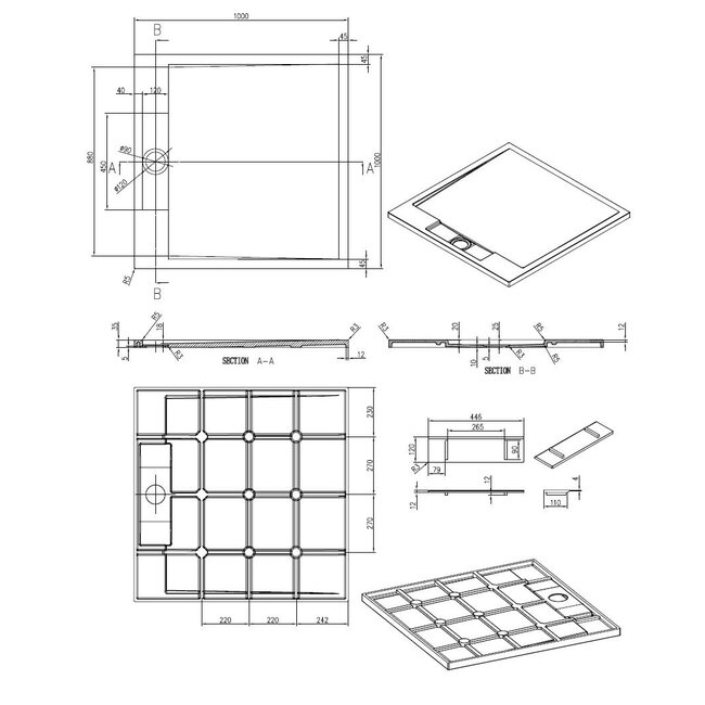 Best Design Douchebak Decent 100 x 100 x 3,5 cm solid surface mat wit