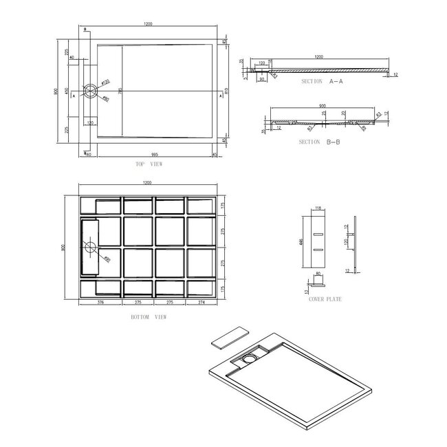 Best Design Douchebak Decent 120 x 90 x 3,5 cm solid surface zwart