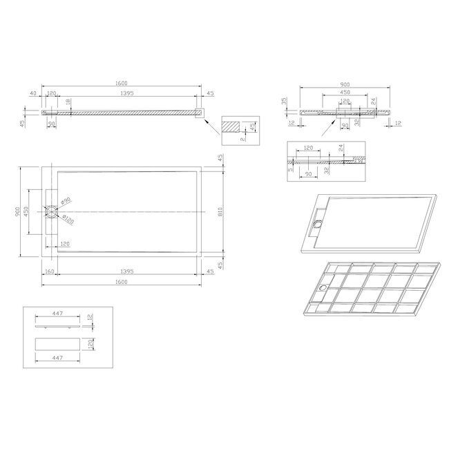 Best Design Douchebak Decent 160 x 90 x 4,5 cm solid surface mat wit