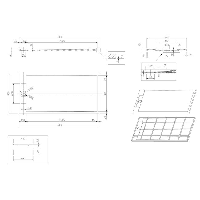 Best Design Douchebak Decent 180 x 90 x 4,5 cm solid surface mat wit