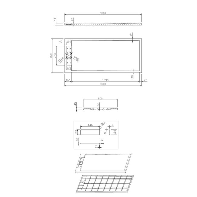 Best Design Douchebak Decent 180 x 80 x 4,5 cm solid surface mat wit