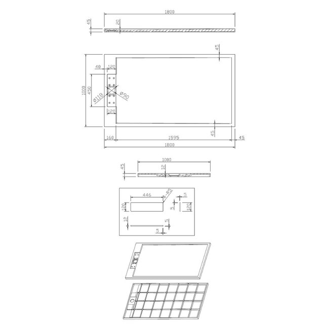 Best Design Douchebak Decent 180 x 100 x 4,5 cm solid surface mat wit