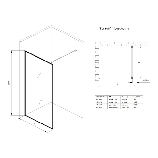 Best Design Inloopdouche For-You 80 x 200 cm, 8 mm glas met zwart profiel