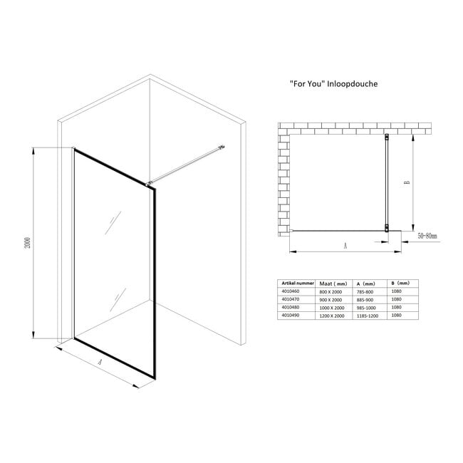 Best Design Inloopdouche For-You 120 x 200 cm, 8 mm glas met zwart profiel