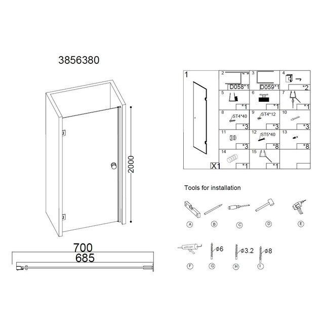 Best Design Nisdeur Erico 70 x 200 cm, 8 mm glas met chroom scharnieren