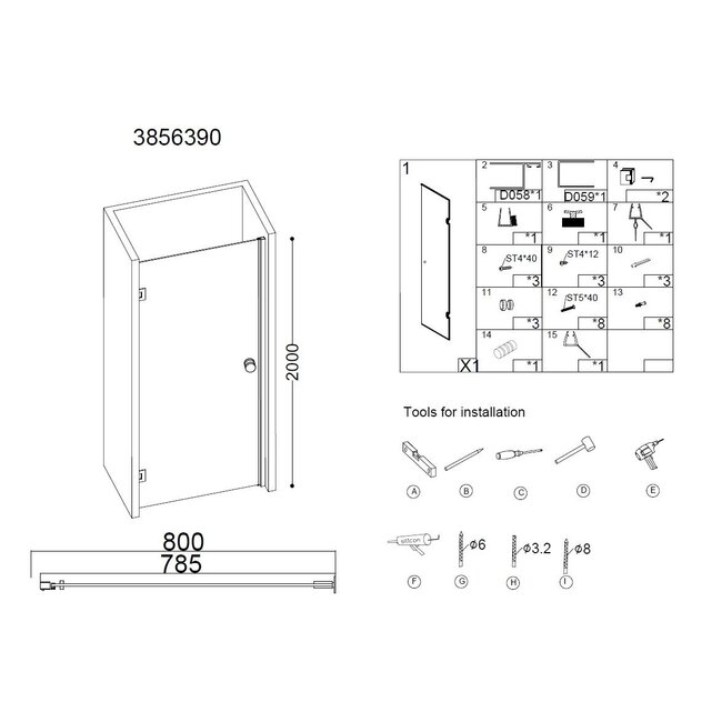 Best Design Nisdeur Erico 80 x 200 cm, 8 mm glas met chroom scharnieren