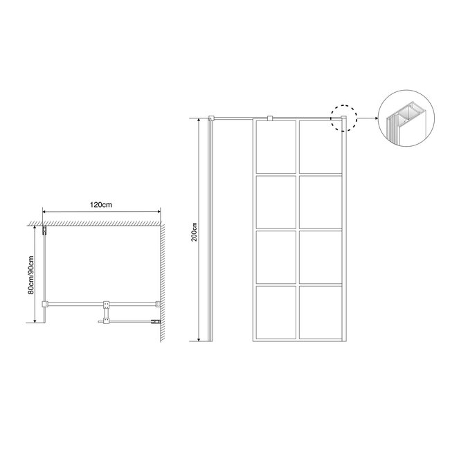 Fabriecio Inloopdouche Florence 120 x 90 x 200 cm met zijwand, 8 mm helder glas met mat zwart raster
