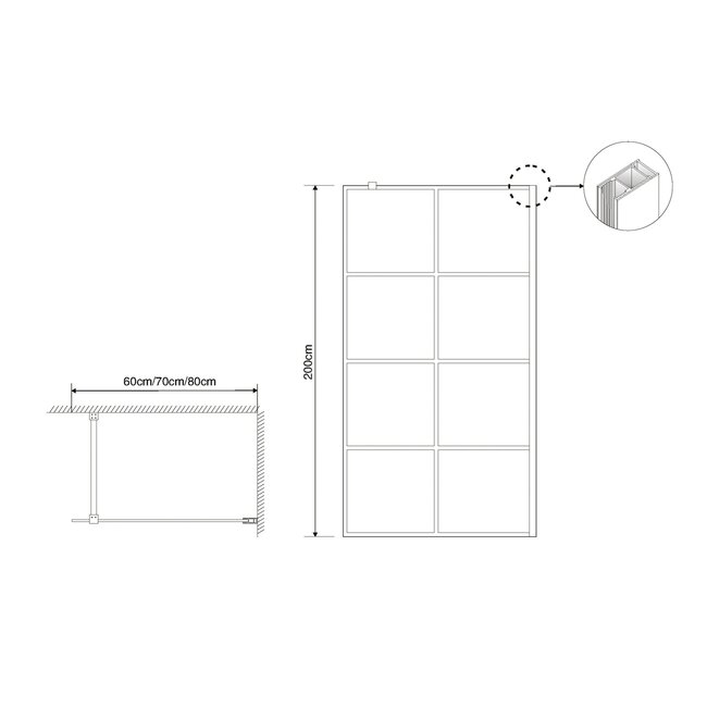 Fabriecio Inloopdouche Florence 70 x 200 cm, 8 mm helder glas met mat zwart raster