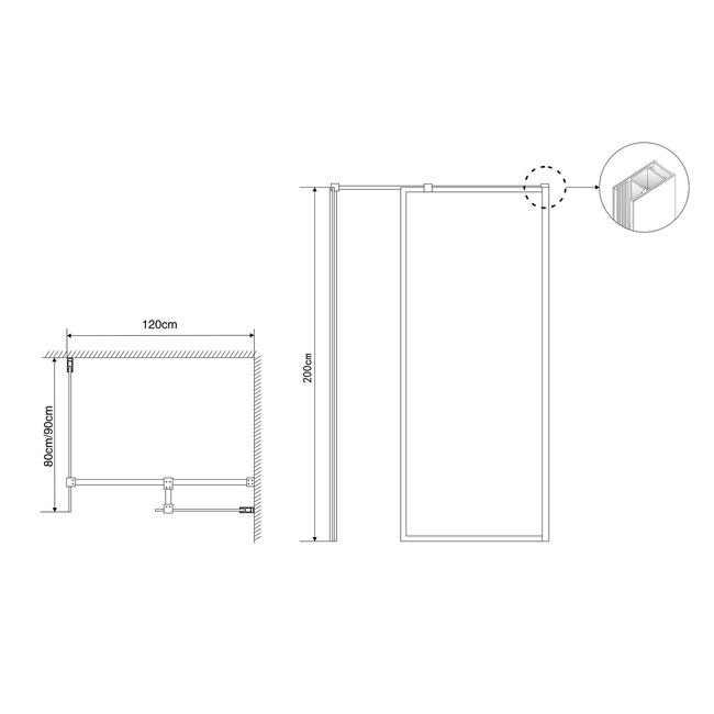 Fabriecio Inloopdouche Modena 120 x 80 x 200 cm met zijwand, 8 mm helder glas met mat zwart kader