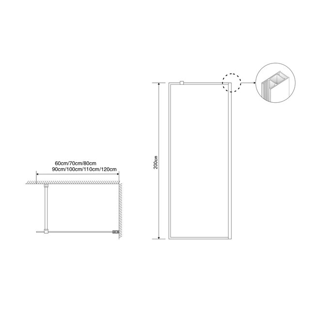 Fabriecio Inloopdouche Modena 80 x 200 cm, 8 mm helder glas met mat zwart kader