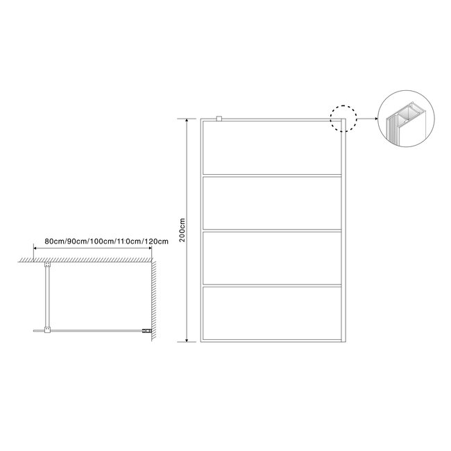 Fabriecio Inloopdouche Monza 100 x 200 cm, 8 mm helder glas met mat zwart lijnendecor
