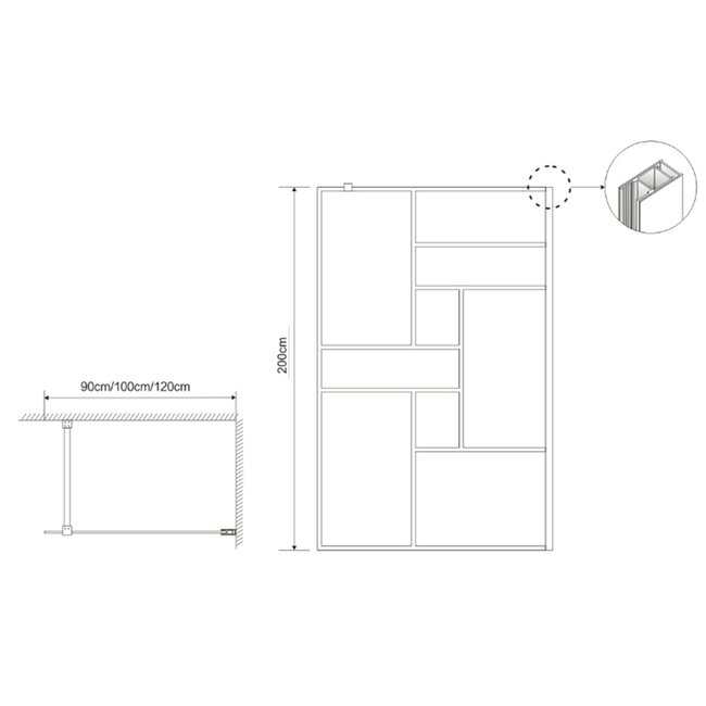 Fabriecio Inloopdouche Napoli 120 x 200 cm, 8 mm helder glas met mat zwart blokdecor