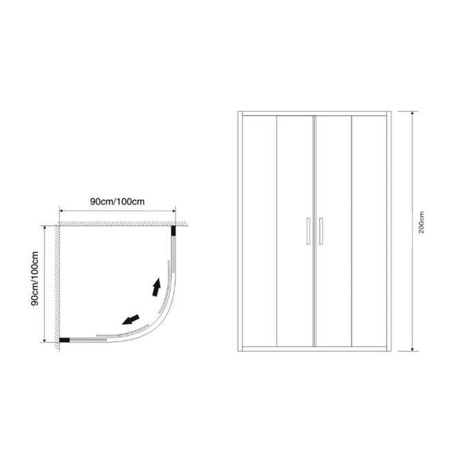 Fabriecio Douchecabine Pisa 90 x 90 x 200 cm kwartrond met 2 schuifdeuren, 6 mm helder glas met chroom profiel