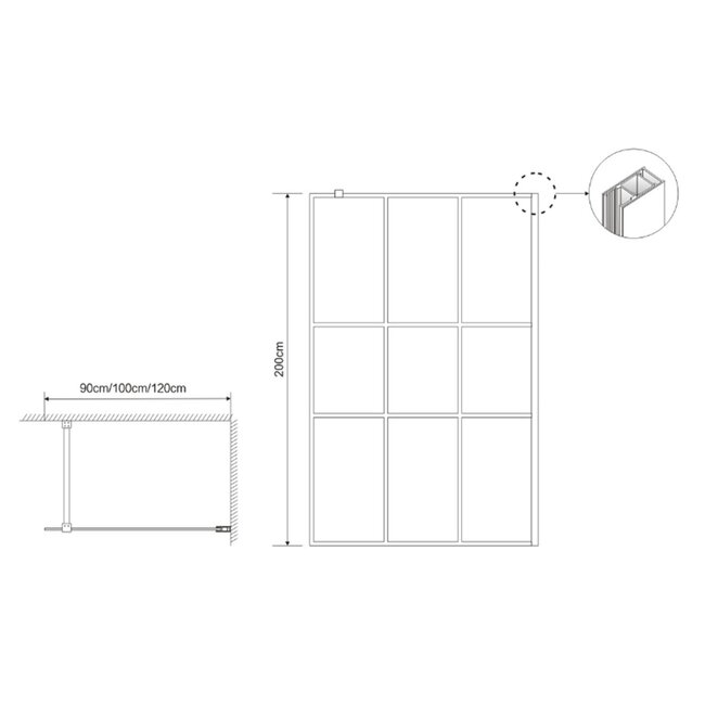 Fabriecio Inloopdouche Torino 100 x 200 cm, 8 mm helder glas met mat zwart raster