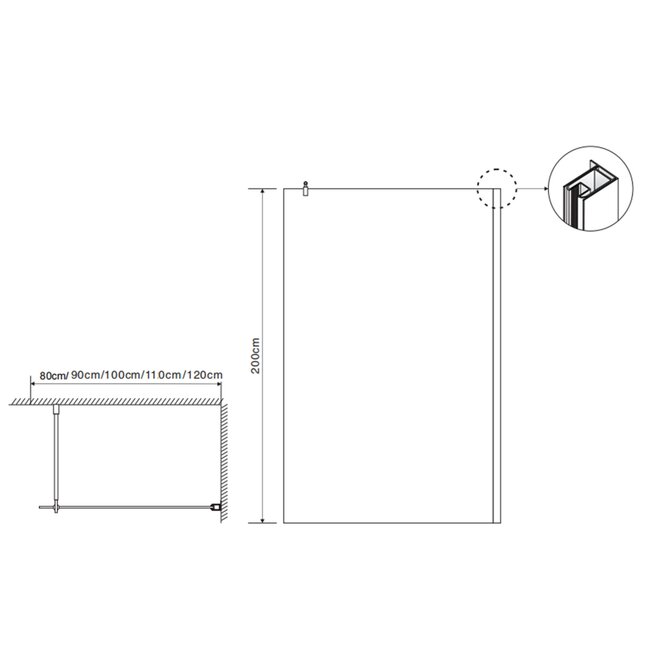 Fabriecio Inloopdouche Verona 80 x 200 cm, 8 mm helder glas met mat zwart profiel