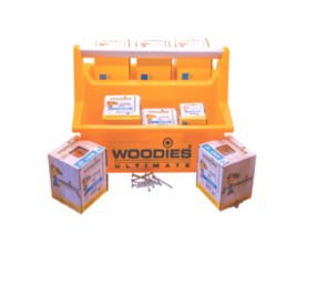 Woodies Woodies‚® draagkist geel met aluminium handgreep en bedrukking "Woodies" en "Fix it together!" inclusief 2100 verzinkt schroeven