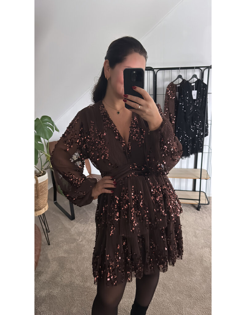 DANA FLOREA Plisse Jurk Bruin Met Pailletten