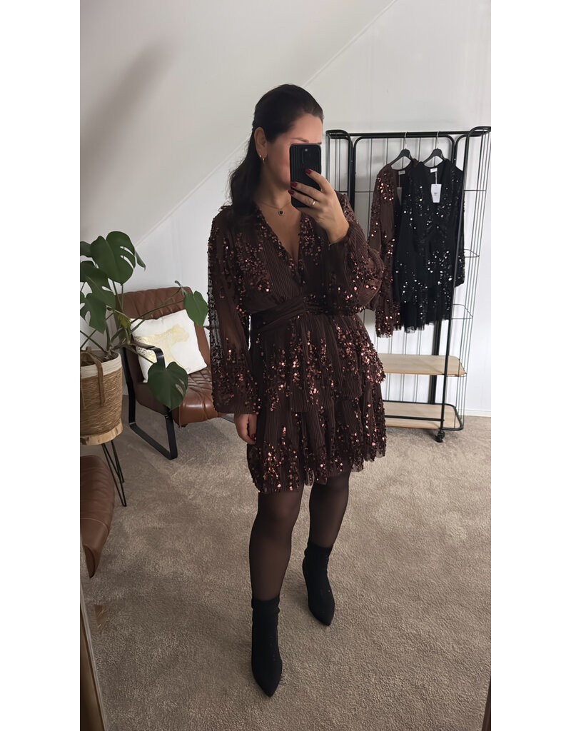 DANA FLOREA Plisse Jurk Bruin Met Pailletten