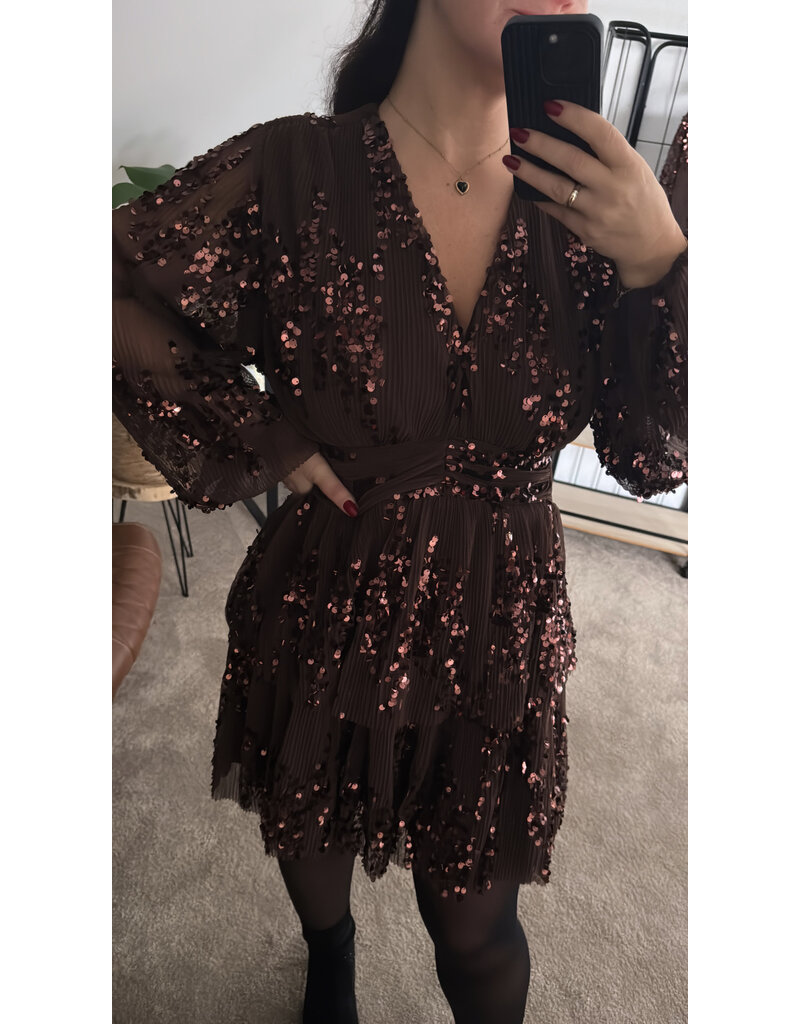 DANA FLOREA Plisse Jurk Bruin Met Pailletten