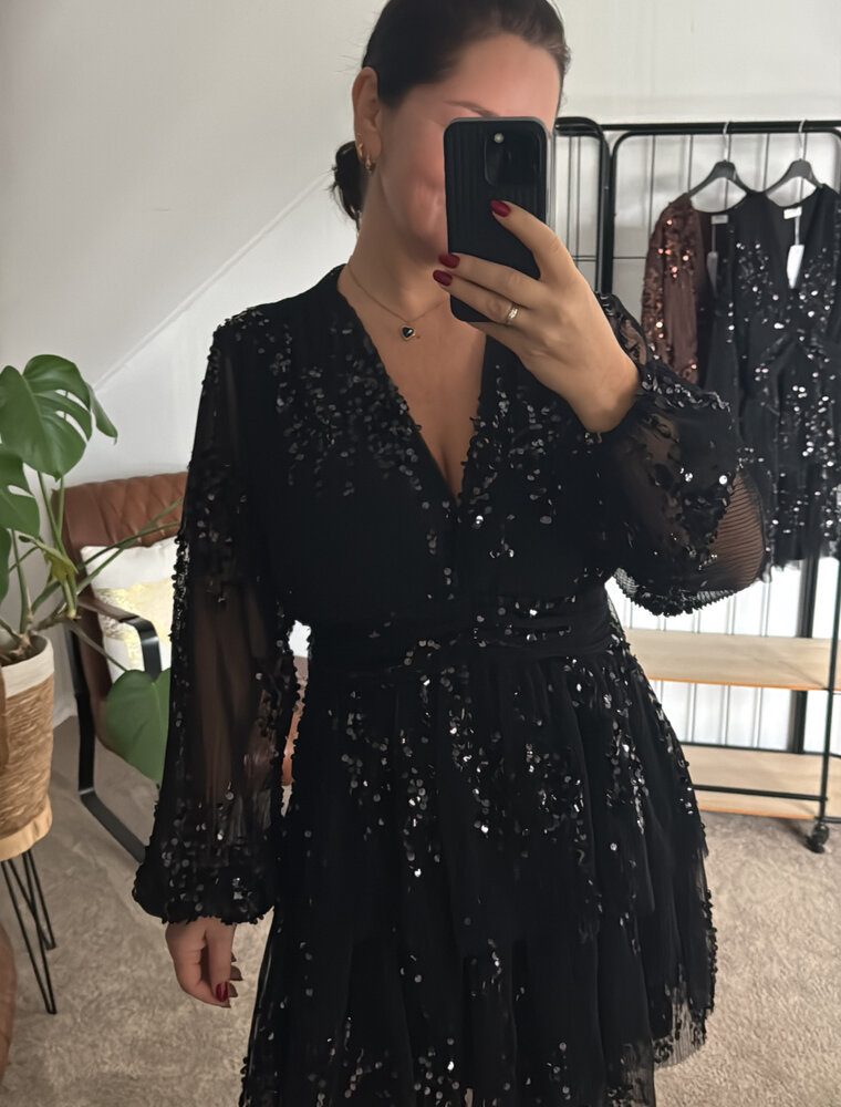 DANA FLOREA Plisse Jurk Zwart Met Pailletten