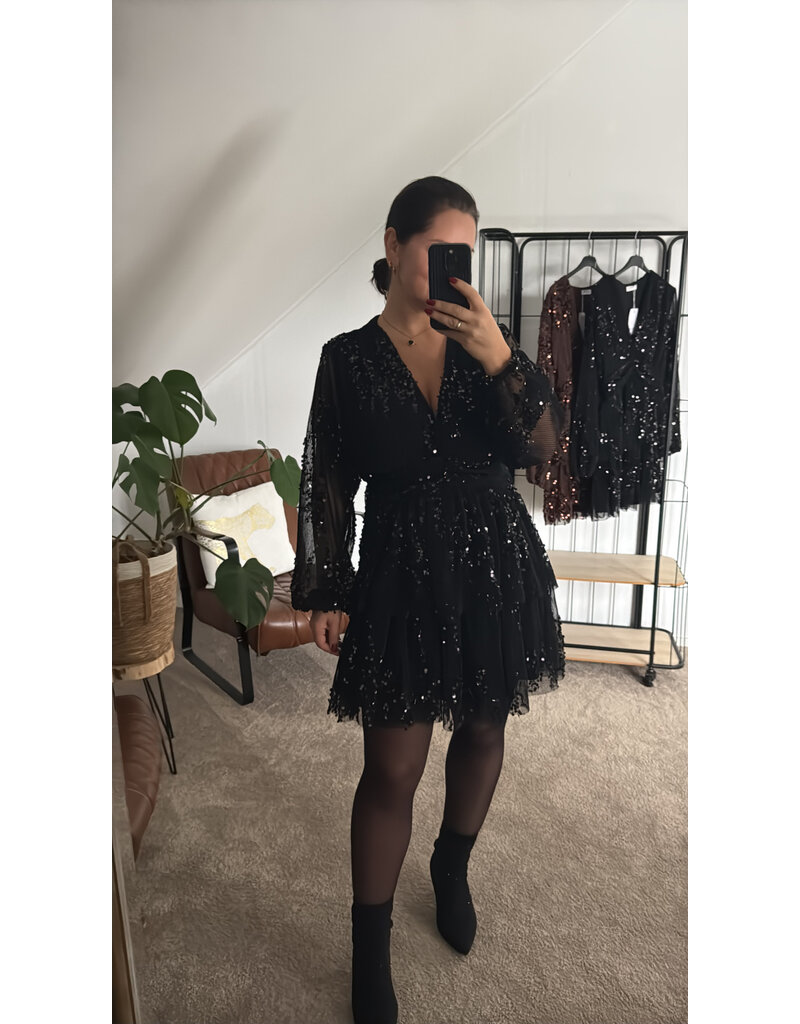 DANA FLOREA Plisse Jurk Zwart Met Pailletten