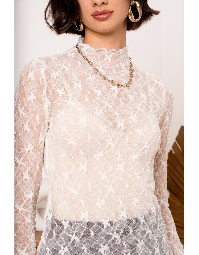 DANA FLOREA Long Sleeve Lace Top Beige