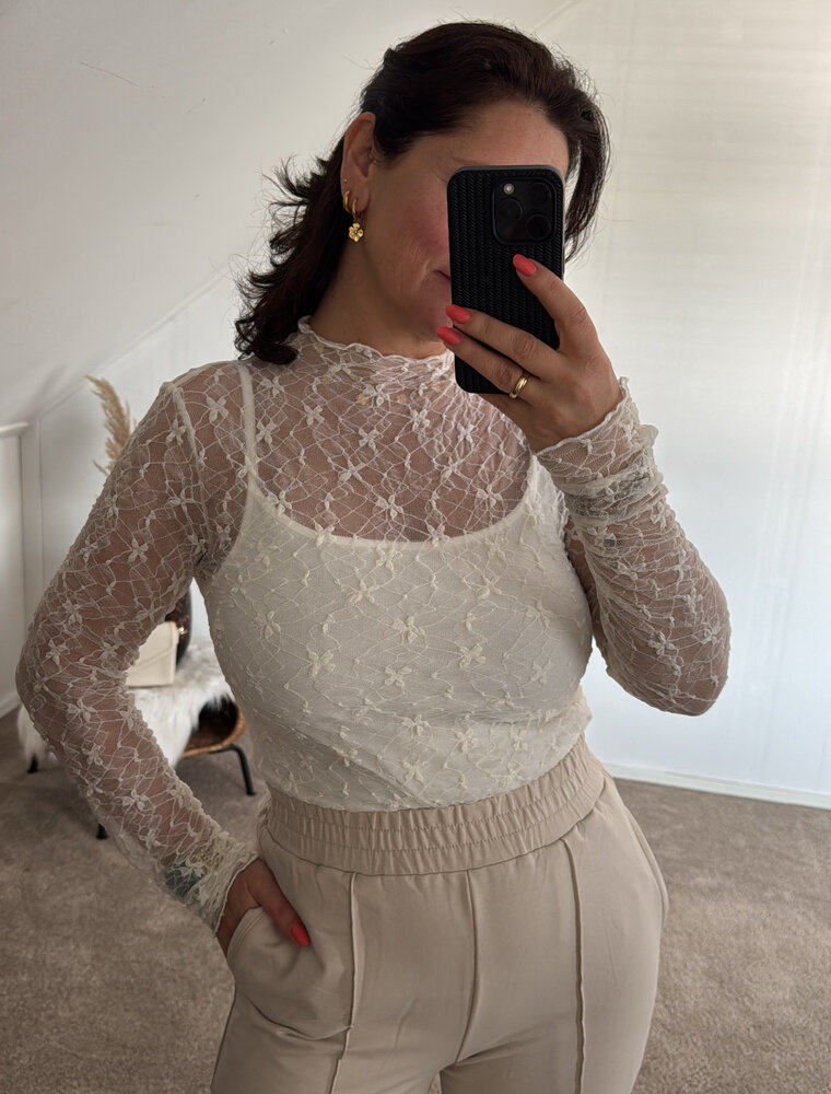 DANA FLOREA Long Sleeve Lace Top Beige