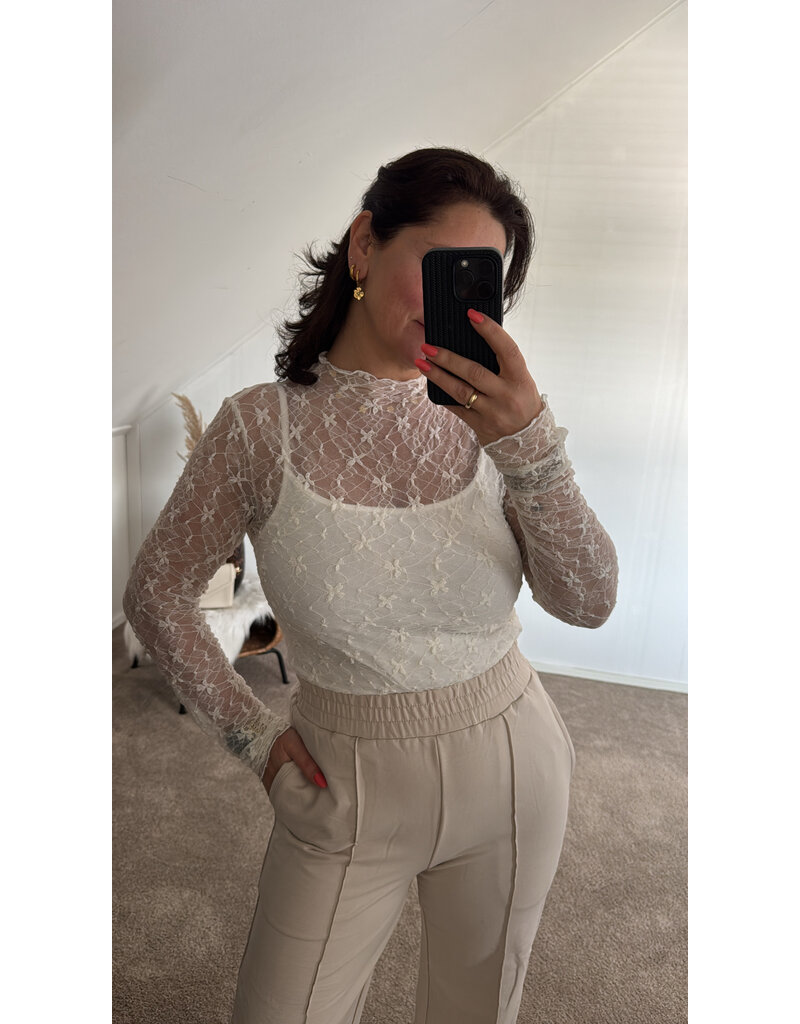 DANA FLOREA Long Sleeve Lace Top Beige