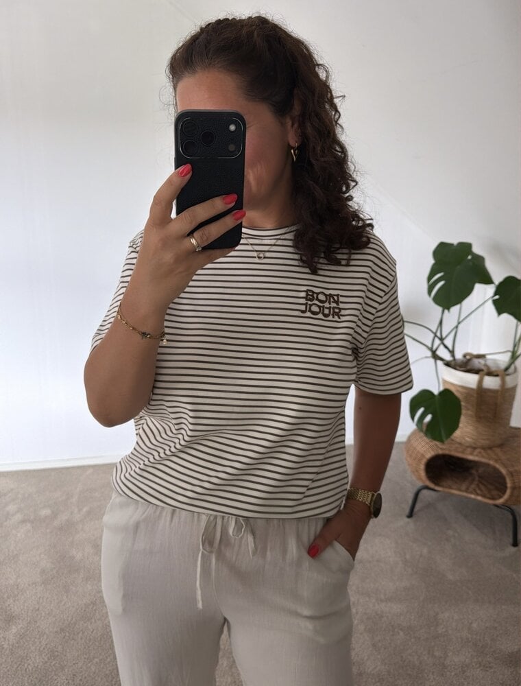 DANA FLOREA T-shirt Bon Jour Crème/Bruin