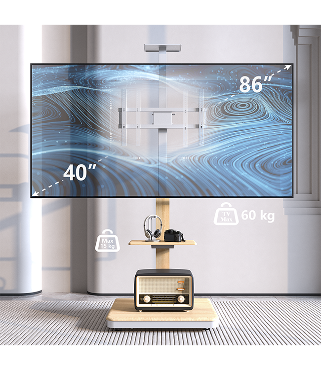 XTRARM Elite Elektrisch Mobiler TV Ständer Weiß/Buche