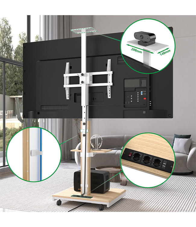 XTRARM Elite Mobiler TV Ständer Weiß/Buche