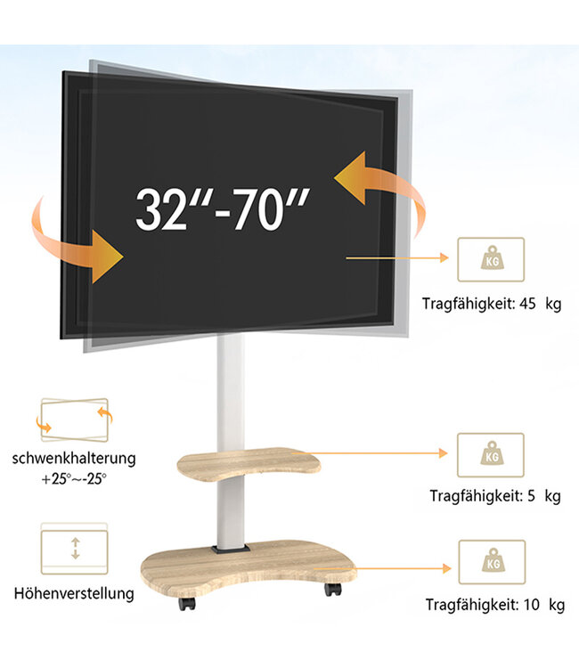 XTRARM Stellar mobiler TV Ständer Weiß/Eiche