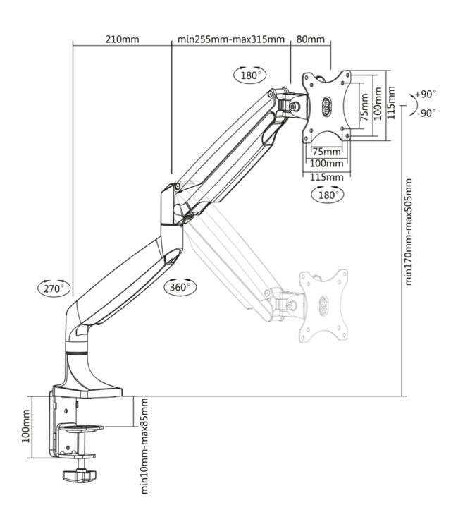 DQ Wall-Support Monitorarm Nika Argent - avec ressort à gaz
