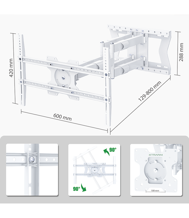 XTRARM Cratos 80 cm double Rotate VESA 600 Blanc - Support tv mural